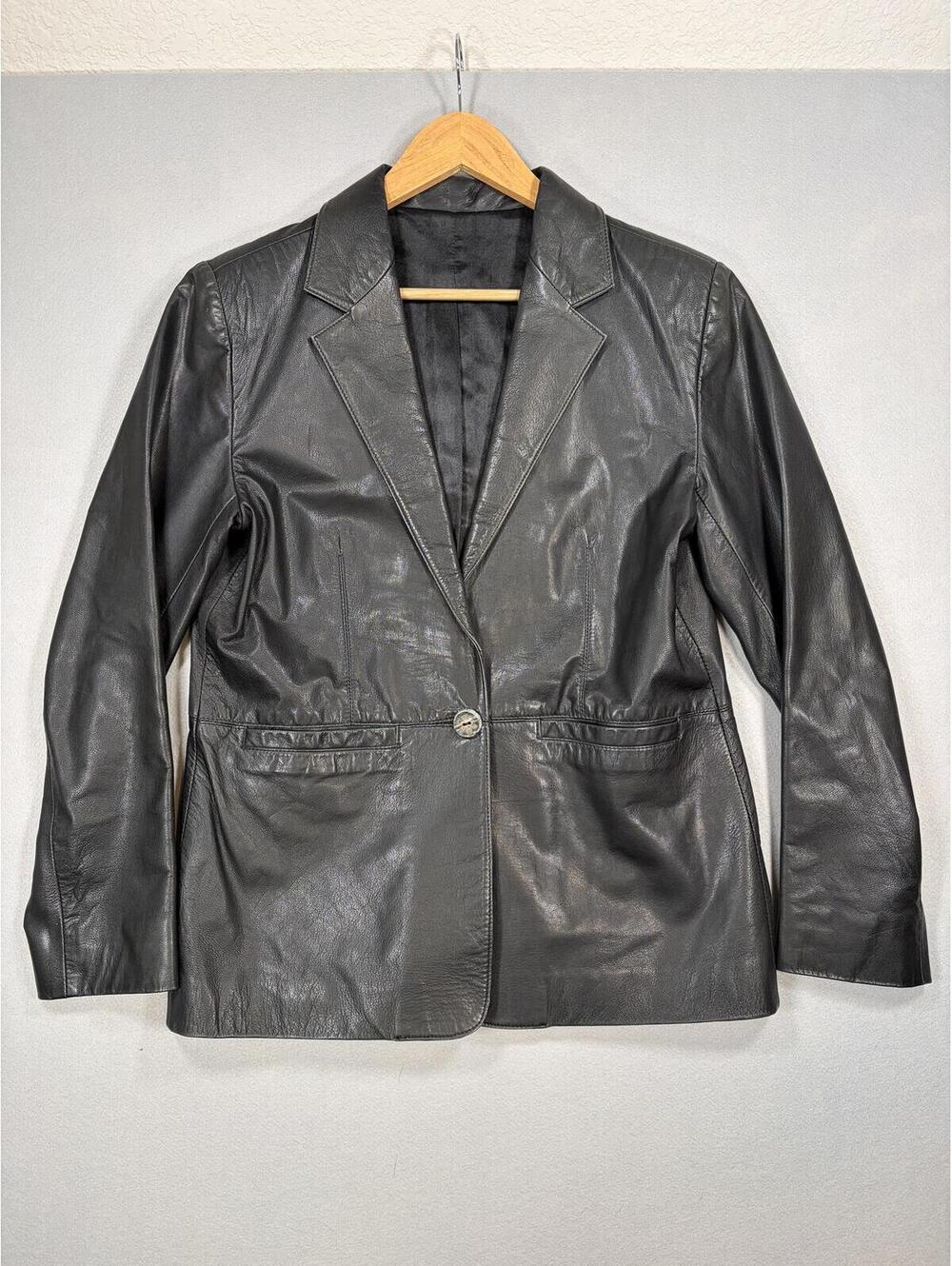 Vintage 100% Leather Jacket 8/M Black Blazer Bone Button 90s Y2K Timeless Chic